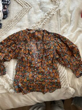 Free People Black Multi Floral Button-Up Blouse